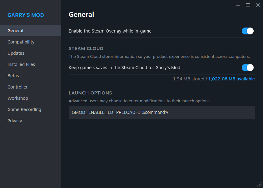 GMOD_ENABLE_LD_PRELOAD=1 enabled in Garry's Mod Launch Options